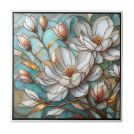 Elegant Magnolia Stained Glass Floral Mosaic Art Kakelplatta