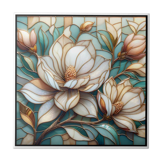Elegant Magnolia Stained Glass Floral Mosaic Art Kakelplatta (Framsidan)