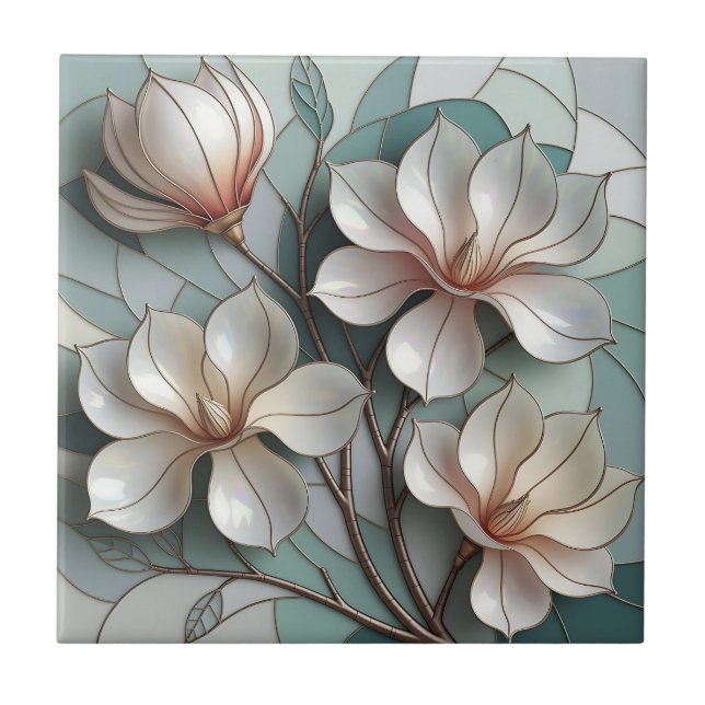 Elegant Magnolia Stained Glass Floral Mosaic Art Kakelplatta (Framsidan)