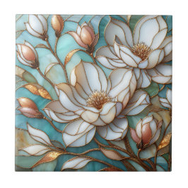 Elegant Magnolia Stained Glass Floral Mosaic Art Kakelplatta