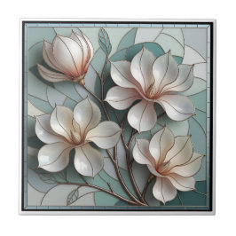 Elegant Magnolia Stained Glass Floral Mosaic Art Kakelplatta