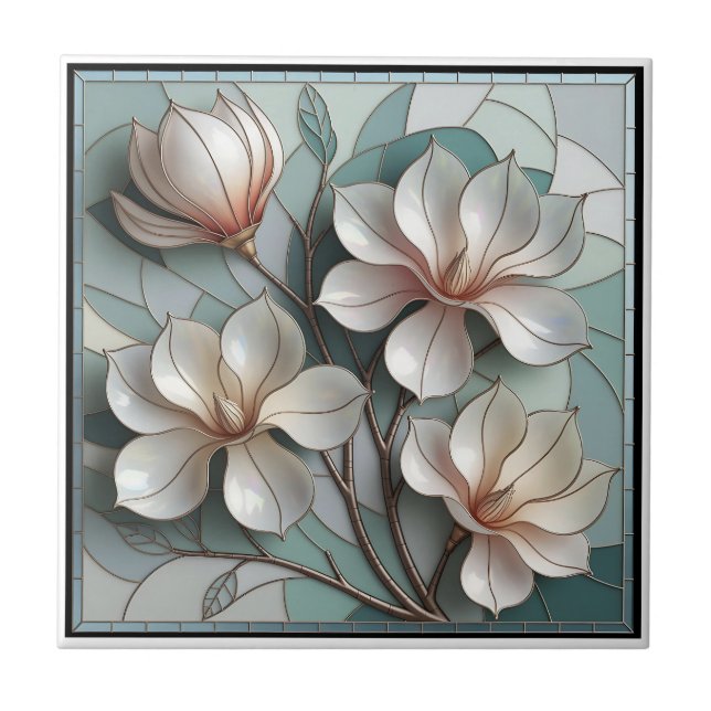 Elegant Magnolia Stained Glass Floral Mosaic Art Kakelplatta (Framsidan)