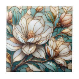 Elegant Magnolia Stained Glass Floral Mosaic Art Kakelplatta