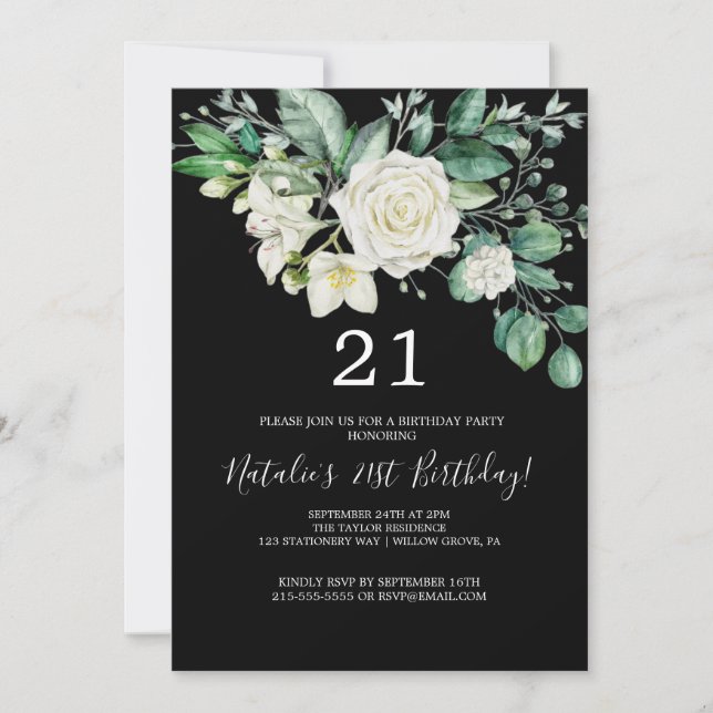 Elegant Magnolia | Svart och Vitt 21-års Födelseda Inbjudningar (Framsida)