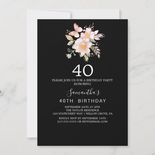 Elegant Magnolia | Svart och Vitt 40-årsfirande Inbjudningar (Framsida)