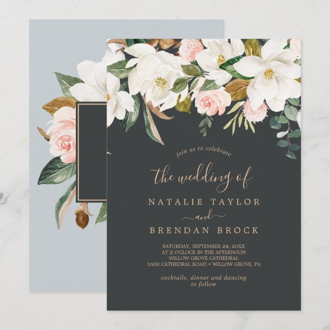 Elegant Magnolia | Svart och vitt Bröllop Inbjudningar (Fram/baksida)