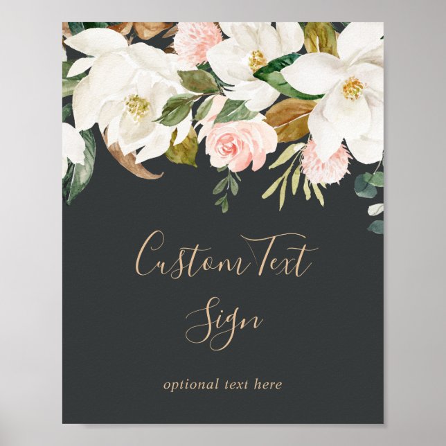 Elegant Magnolia | Svart & Vit Anpassad Textskylt Poster (Framsidan)