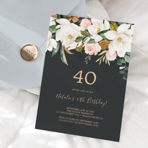 Elegant Magnolia Svartvit 40:e födelsedag Inbjudningar