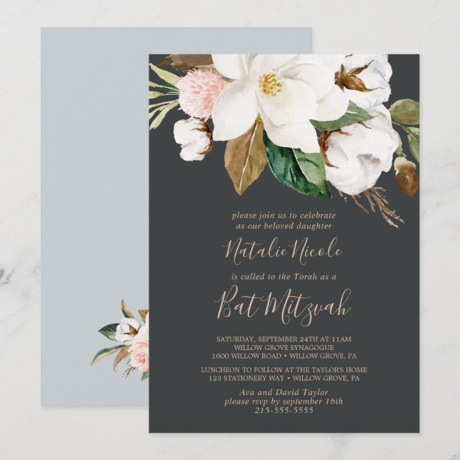 Elegant Magnolia | Svartvit Bat mitzvah Inbjudningar (Fram/baksida)