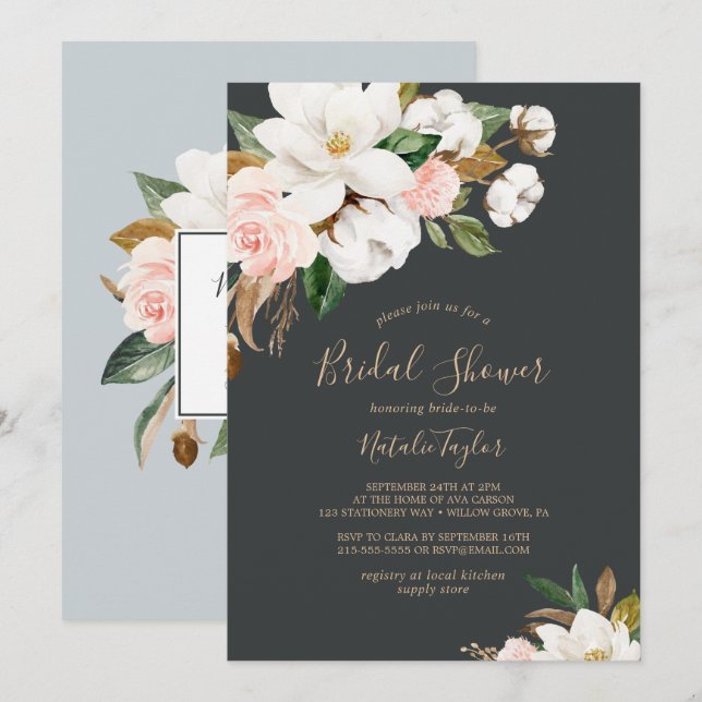 Elegant Magnolia | Svartvit Möhippa Inbjudningar (Fram/baksida)