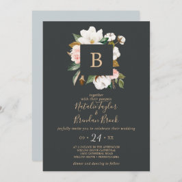 Elegant Magnolia | Svartvit Monogram Bröllop Inbjudningar