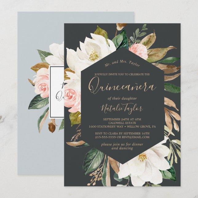 Elegant Magnolia | Svartvit Quinceañera Inbjudningar (Fram/baksida)