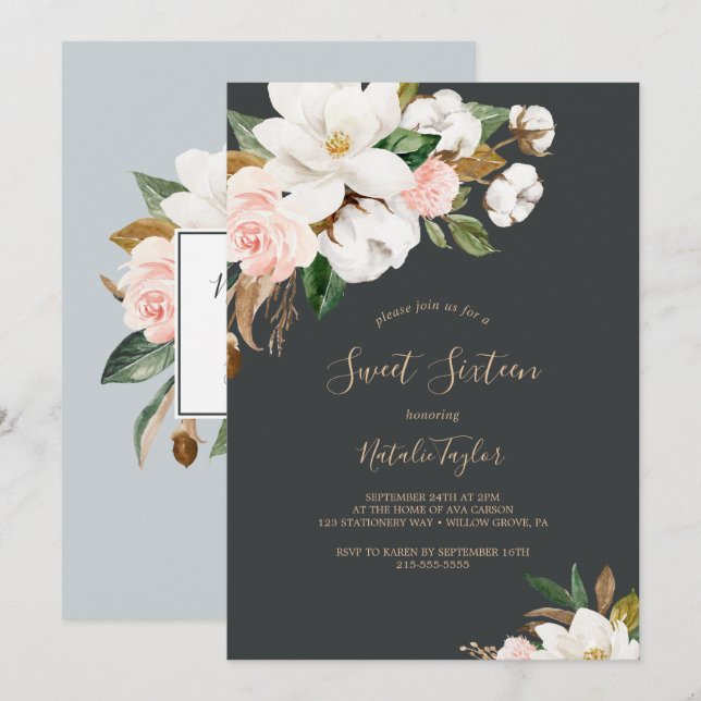 Elegant Magnolia | Svartvit Sweet sixteen Inbjudningar (Fram/baksida)