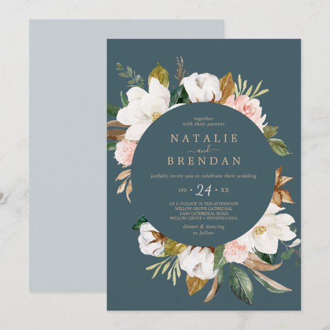 Elegant Magnolia | Teal and White Avslappnad Bröll Inbjudningar (Fram/baksida)