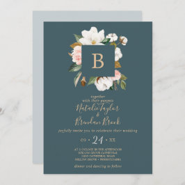 Elegant Magnolia | Teal and White Monogram Bröllop Inbjudningar