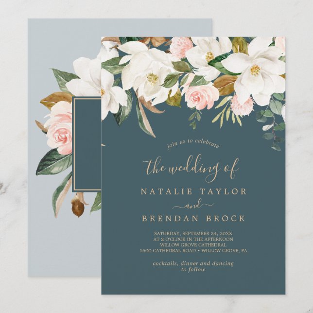 Elegant Magnolia | Teal och vit Bröllop Inbjudningar (Fram/baksida)