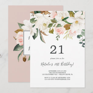 Elegant Magnolia Vit och 21:a födelsedag Inbjudningar