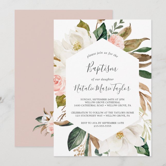 Elegant Magnolia | Vit och  baptism Inbjudningar (Fram/baksida)
