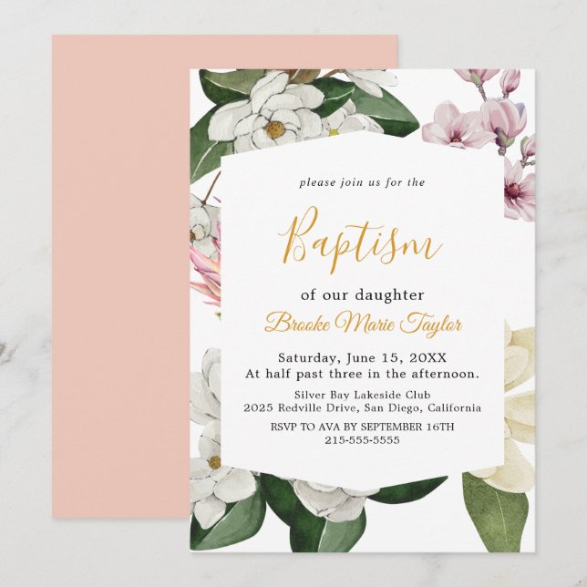 Elegant Magnolia | Vit och  baptism Inbjudningar (Fram/baksida)
