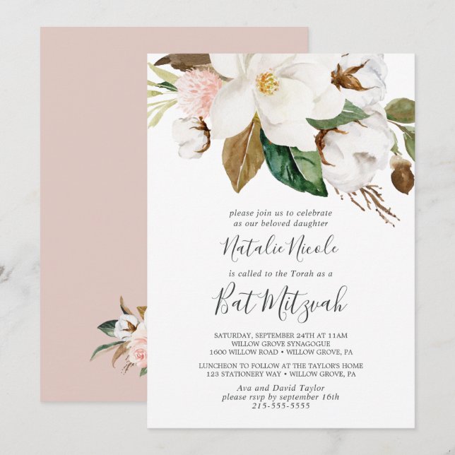 Elegant Magnolia | Vit och  Bat mitzvah Inbjudningar (Fram/baksida)