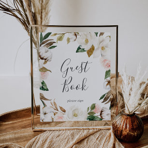 Elegant Magnolia Vit och rosabokstav för gästbok Poster