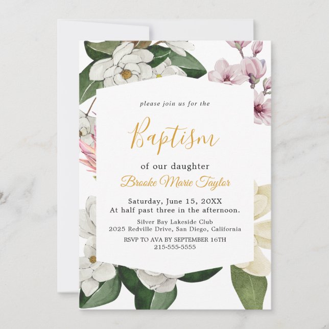 Elegant Magnolia | Vit och rosad dopceremoni  Inbjudningar (Framsida)