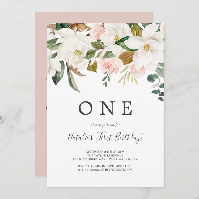 Elegant Magnolia | Vit och rosé första födelsedag Inbjudningar (Fram/baksida)