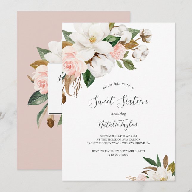 Elegant Magnolia | Vit och  Sweet sixteen Inbjudningar (Fram/baksida)