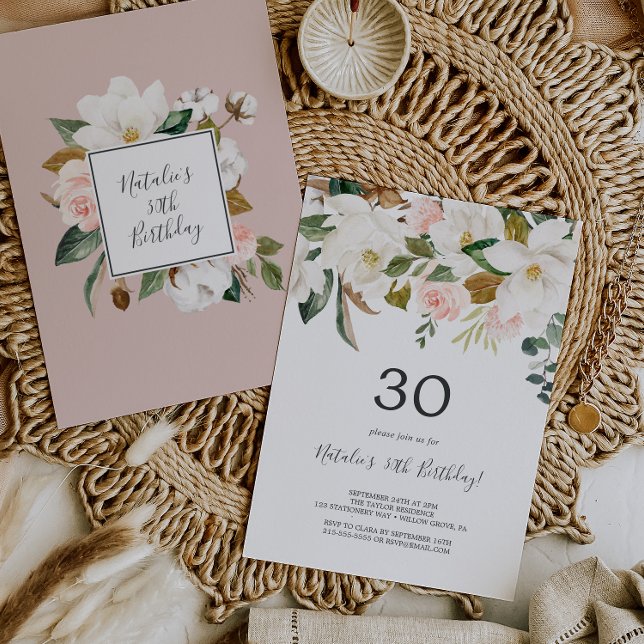 Elegant Magnolia | Vita och  30års födelsedag Inbjudningar (Skapare uppladdad)