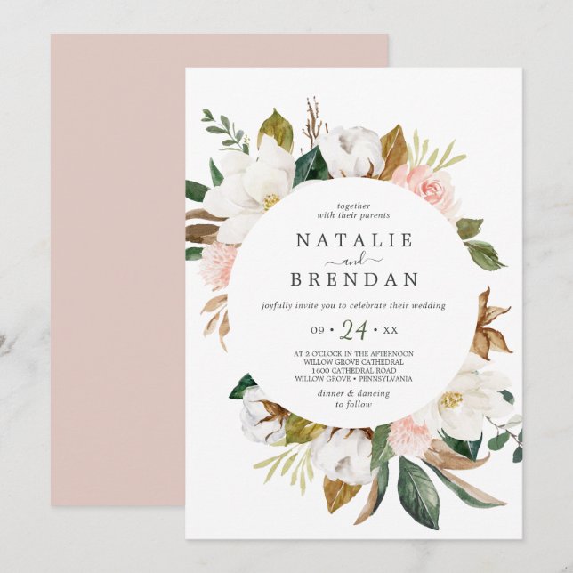 Elegant Magnolia | Vita och  Avslappnaden Bröllop Inbjudningar (Fram/baksida)