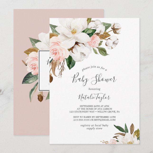 Elegant Magnolia | Vita och  babyskor Inbjudningar (Fram/baksida)
