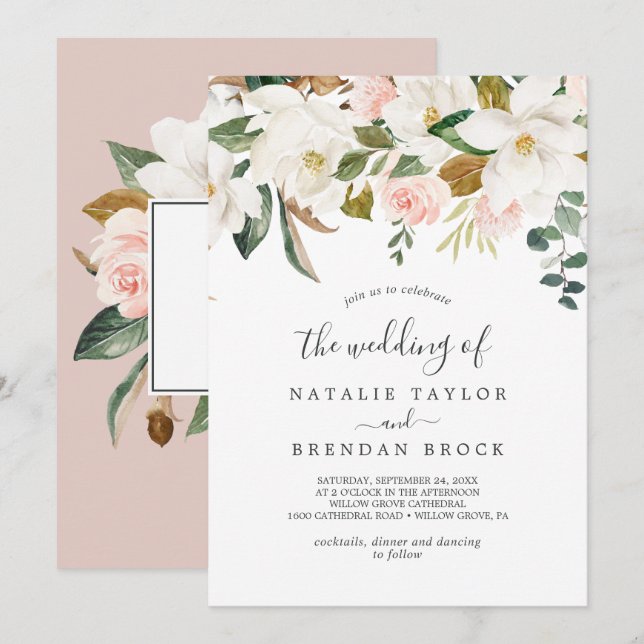 Elegant Magnolia | Vita och  Bröllop Inbjudningar (Fram/baksida)