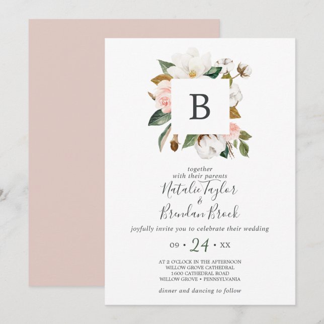 Elegant Magnolia | Vita och  Monogram Bröllop Inbjudningar (Fram/baksida)