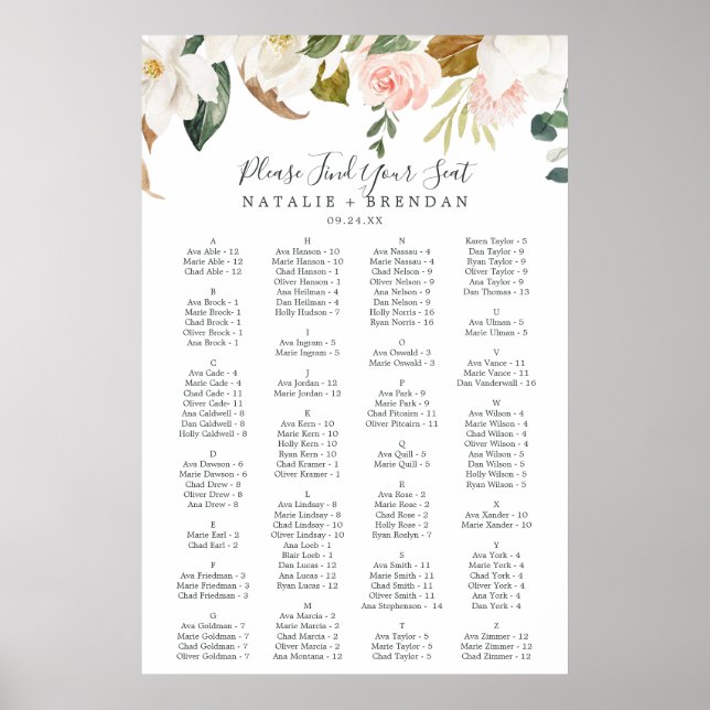 Elegant Magnolia White Alfabetisk sittningsschema Poster (Framsidan)