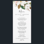 Elegant Magnolia White &  Bröllop Middag Menu Meny<br><div class="desc">Det här elegant magnolienvita och  bröllop-menykortet är perfekt för ett modernt klassens bröllop. Den mjuka blommigten har vattenfärgade  rosor,  förbluffande vita magnoliska blommor och bomull med guld och grönt löv i en lyxig arrangemang. Den här menyn kan användas för bröllopsmottagning,  repetitionsmiddag eller vad som helst.</div>