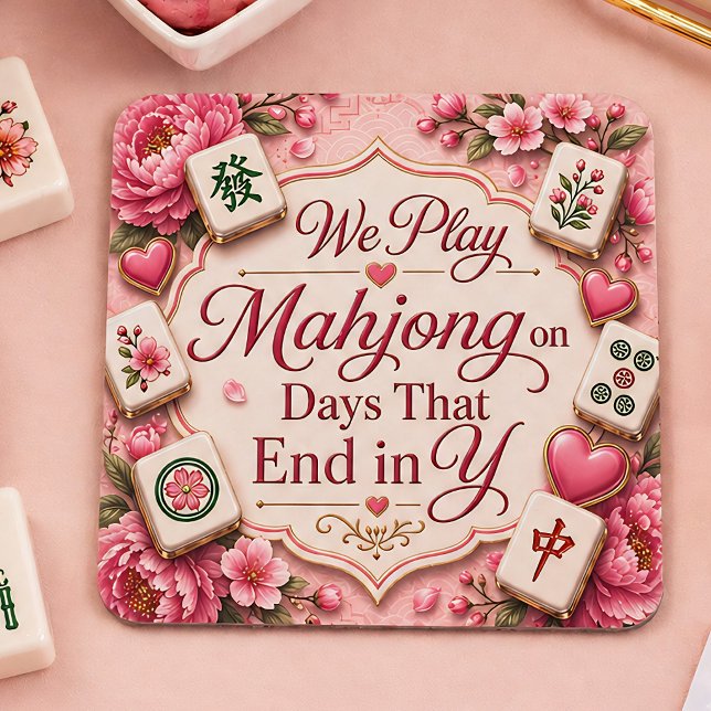 Elegant Mahjong Bricka Rosa Blommiga Plattor Underlägg Papper Kvadrat (Skapare uppladdad)