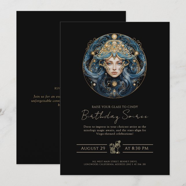 Elegant Maiden Sun Sign Cosmic Black Gold Virgo Inbjudningar (Fram/baksida)