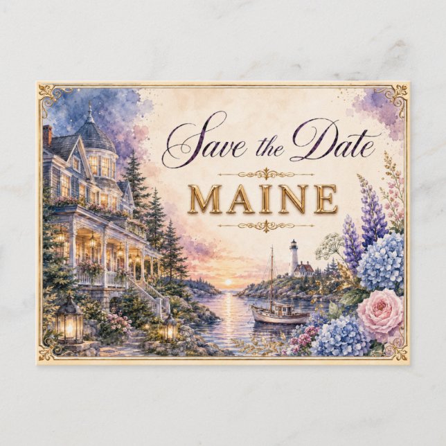 Elegant Maine Spara datum Bröllopsinbjudan Vykort (Framsida)