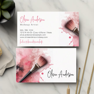 Elegant Makeup-pensel och Abstrakt Rosa vattenfärg Visitkort