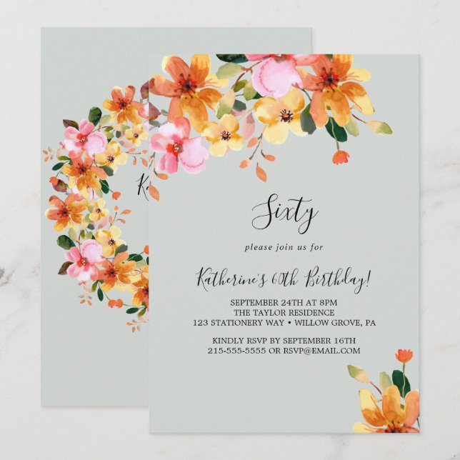 Elegant Målad Blommigt 60:e födelsedagsinbjudan Inbjudningar (Fram/baksida)