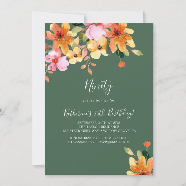 Elegant Målad Blommigt 90:e födelsedagsinbjudan Inbjudningar (Framsida)