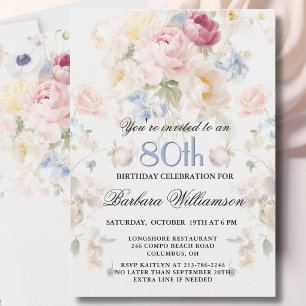 Elegant Målad Rosafärgad Blomster 80-årsdag  Inbjudningar