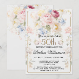 Elegant Målad Rosenskär Blomster 50-års Födelsedag Inbjudningar