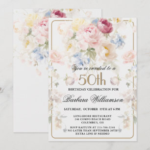 Elegant Målad Rosenskär Blomster 50-års Födelsedag Inbjudningar
