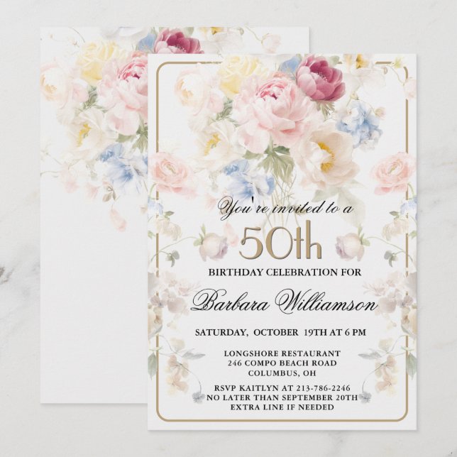 Elegant Målad Rosenskär Blomster 50-års Födelsedag Inbjudningar (Fram/baksida)