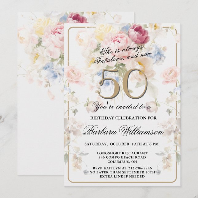 Elegant Målad Rosenskär Blomster 50-års Födelsedag Inbjudningar (Fram/baksida)