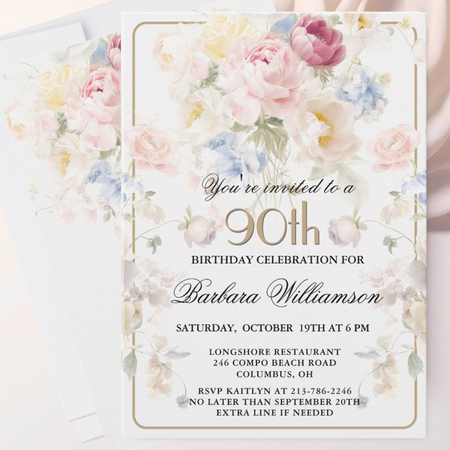 Elegant Målad Rosenskär Blomstergestaltning 90-års Inbjudningar (Skapare uppladdad)