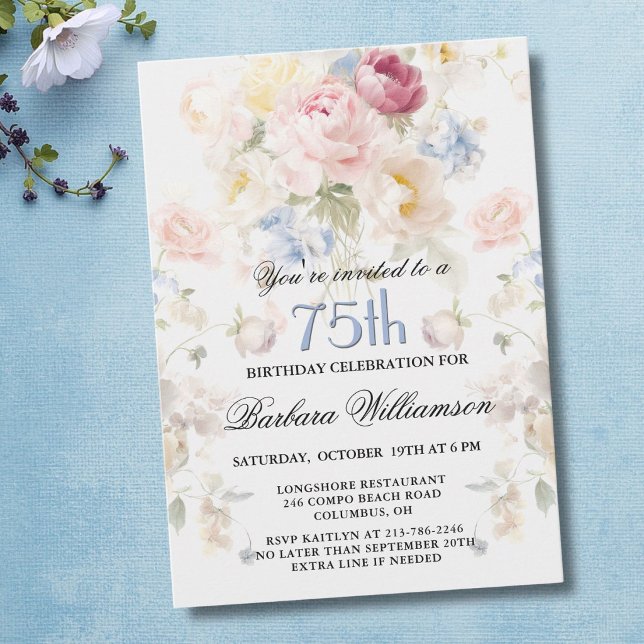 Elegant Målad Rosenskära Blommig 75-årsdag  Inbjudningar (Skapare uppladdad)