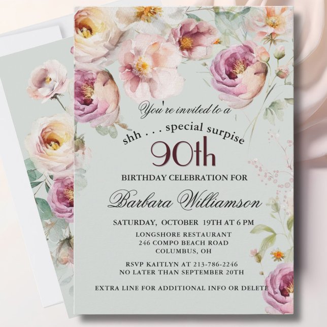 Elegant Målade Blommig Överraskning 90-årsdag  Inbjudningar (Skapare uppladdad)
