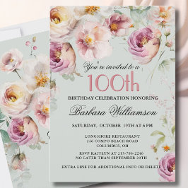 Elegant Målade Blommor 100-års Födelsedagsfest Inbjudningar